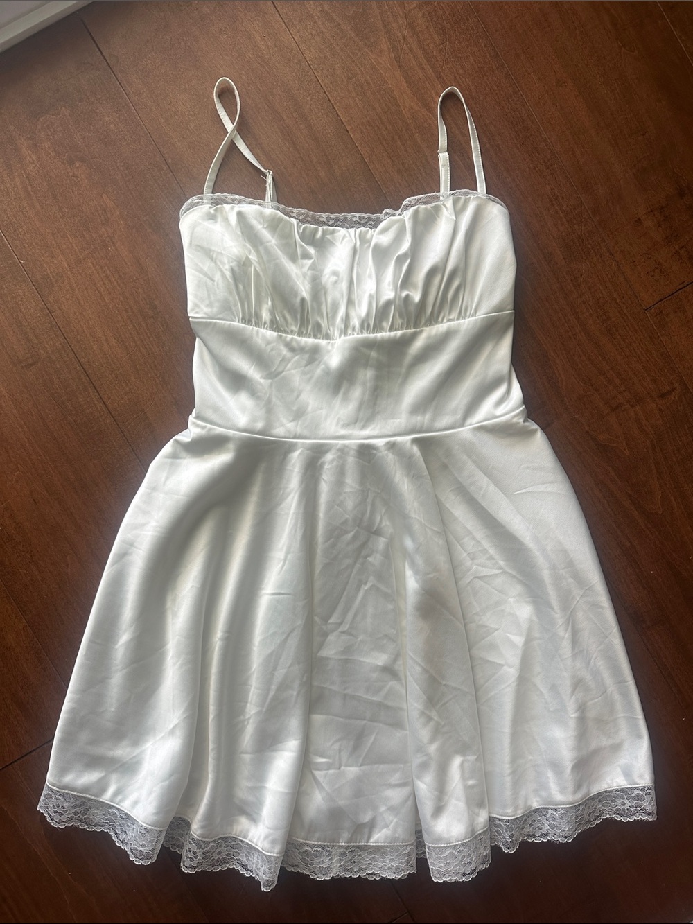 White Satin Graduation Dress with Lace Trim
